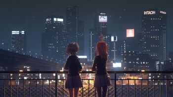 1girl 2girls blazer bridge building city city_lights cityscape fen_bang_laoda fence from_behind highres jacket kneehighs letterboxed long_hair love_live! love_live!_superstar!! multiple_girls night night_sky outdoors pantyhose railing real_world_location red_hair rooftop scenery school_uniform shibuya_kanon short_hair skirt sky socks star_(sky) starry_sky tang_keke tokyo_(city)