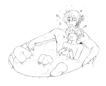 1boy 1girl :d barrel_bathtub bathing blush breasts closed_eyes couple dot_nose hair_bun highres jewelry knees_up lying_on_person monochrome open_mouth original ring short_hair simple_background sketch small_breasts smile unholymilk water wedding_ring wet white_background