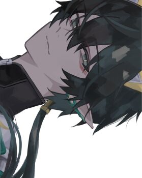 1boy black_hair black_shirt blue_eyes closed_mouth collared_shirt commentary_request dan_heng_(honkai:_star_rail) dan_heng_(permansor_terrae)_(honkai:_star_rail) ear_covers eyeliner floating_hair hair_between_eyes highres honkai:_star_rail honkai_(series) horns iota_1600 light_smile long_hair looking_to_the_side makeup male_focus official_alternate_costume ponytail portrait shirt sideways simple_background single_ear_cover solo white_background yellow_horns zipper_pull_tab