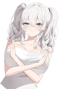 absurdres bare_shoulders breasts crossed_arms grey_hair highres kantai_collection kashima_(kancolle) large_breasts looking_at_viewer naked_towel towel twintails wavy_hair zlao