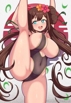 1girl alternate_costume areola_slip black_leotard blue_eyes breasts brown_hair cameltoe covered_erect_nipples donut_hair_bun double_bun female_focus hair_bun highleg highleg_leotard highres large_breasts leotard mischiefmiz nintendo partially_visible_vulva pokemon pokemon_bw2 pussy rosa_(pokemon) see-through_clothes solo split standing standing_on_one_leg standing_split twintails