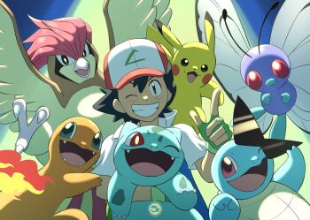 1boy antennae ash_ketchum baseball_cap bird black_hair blue_eyes brown_eyes bug bulbasaur butterfly butterfree charmander fangs fingerless_gloves fire flame-tipped_tail gen_1_pokemon gloves green_gloves grin hat holding holding_pokemon holding_removed_eyewear insect insect_wings jacket nintendo on_shoulder one_eye_closed open_mouth pidgeotto pikachu pokemon pokemon_(anime) pokemon_(classic_anime) pokemon_(creature) pokemon_on_shoulder red_eyes sergiromero shirt short_hair short_sleeves smile squirtle sunglasses tail teeth unworn_eyewear upper_body wings