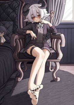 1girl absurdres animal_ears barefoot black_jacket black_nails black_skirt blazer closed_mouth commentary commission curled_horns english_commentary feet full_body goat_ears goat_girl goat_horns highres horns indoors jacket lobsteranian long_sleeves looking_at_viewer miniskirt nail_polish open_clothes open_jacket original pleated_skirt red_eyes short_hair sitting skirt slit_pupils soles solo thigh_strap toenail_polish toenails toes white_hair