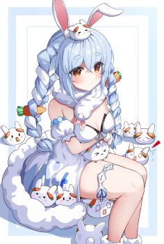 &gt;_&lt; 1girl absurdres animal_ears bare_shoulders blue_hair blush bow braid breasts cleavage closed_mouth commentary_request don-chan_(usada_pekora) hair_bow highres hololive long_hair looking_at_viewer orange_eyes rabbit-shaped_pupils rabbit_ears sitting small_breasts solo symbol-shaped_pupils thigh_strap twin_braids usada_pekora very_long_hair virtual_youtuber white_bow yeni1871