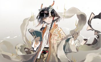 Rule 34 | 1girl, absurdres, arknights, belt, book, bright pupils, chinese commentary, coat, colored extremities, commentary request, earrings, echo (shuiyingsilei), eyeshadow, grey eyes, highres, holding, holding book, horns, jewelry, jie (arknights), makeup, multicolored hair, multicolored horns, open clothes, open coat, shawl, shirt, short hair, tassel, tassel earrings, upper body, white shirt