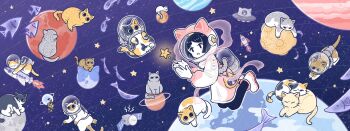 1girl animal_ear_helmet animal_ears_helmet animal_helmet artist_name astronaut black_cat black_eyes black_hair black_pantyhose boots brown_cat calico_(pattern) calico_cat cat cat_helmet chain closed_eyes closed_mouth colorpoint commentary_request crater dress earth_(planet) fish fishbowl_helmet floating flying_fish grey_cat hagoromo hands_up helmet highres iguana_taisa jupiter_(planet) mars_(planet) mercury_(planet) moon neptune_(planet) on_mini_planet open_mouth orange_cat original orihime_(tanabata) oxygen_tank pantyhose pink_boots pink_dress planet planetary_ring puffy_sleeves radar rocket_ship satellite saturn_(planet) shawl short_hair sitting sleeping smile solar_panel space space_helmet spacecraft star_(sky) star_(symbol) tanabata too_many too_many_cats ufo uranus_(planet) venus_(planet) watermark whiskers white_cat