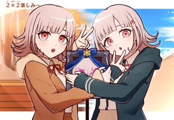 Rule 34 | 2girls, breasts, brown hair, brown jacket, collared shirt, danganronpa (series), danganronpa 2: goodbye despair, danganronpa 3 (anime), dual persona, flipped hair, hair ornament, highres, hood, hope's peak academy school uniform, iei, jacket, kirin (suzoke 1), long sleeves, looking at viewer, medium hair, multiple girls, nanami chiaki, neck ribbon, open clothes, open jacket, pink eyes, pink ribbon, red ribbon, ribbon, school uniform, shirt, smile, two-tone shirt, white shirt