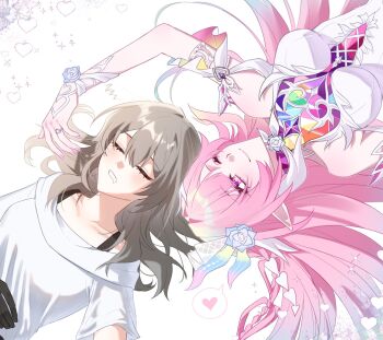 2girls 2rang_cm ;) bare_shoulders breasts commentary_request cyrene_(honkai:_star_rail) cyrene_(ripples_of_past_reverie)_(honkai:_star_rail) diamond-shaped_pupils diamond_(shape) dress drooling flower grey_hair hair_flower hair_ornament highres honkai:_star_rail honkai_(series) korean_commentary large_breasts long_hair lying medium_breasts medium_hair mouth_drool multicolored_hair multiple_girls on_back one_eye_closed pink_hair pointy_ears purple_eyes shirt sleeping smile stelle_(honkai:_star_rail) symbol-shaped_pupils trailblazer_(honkai:_star_rail) two-tone_hair very_long_hair white_background white_dress white_hair white_shirt