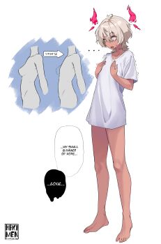 1girl absurdres ahoge artist_logo barefoot blue_eyes breast_reduction breasts commentary commentary_request double-parted_bangs english_commentary english_text feet flat_chest full_body grey_hair hair_between_eyes hakimen highres legs logo medium_hair miika_(hakimen) open_mouth original oversized_clothes oversized_shirt shirt short_sleeves sidelocks simple_background small_breasts solo sweat thighs twitter_username white_background white_shirt wide-eyed