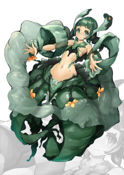 absurdres antennae bare_shoulders blunt_bangs blush commentary_request different_zoom_layer flat_chest flower full_body green_eyes green_hair green_nails highres jewelry looking_at_viewer medium_hair monster_girl navel necklace orange_flower organic_bra original plant_girl seaweed shitoi_(aqua1487) sidelocks thick_eyebrows wakame_(seaweed) white_background zoom_layer