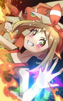 1girl bare_shoulders blaziken bow bracelet brown_hair eyelashes fire gen_3_pokemon hair_bow highres inana_umi jewelry may_(pokemon) mega_blaziken mega_evolution mega_evolution_symbol mega_pokemon nintendo pokemon pokemon_(creature) pokemon_oras red_bow red_shirt shirt sideways sleeveless sleeveless_shirt smile symbol_in_eye teeth upper_body