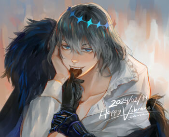 1boy biting black_gloves blue_eyes blue_hair candy cape chocolate chocolate_heart collared_shirt commentary english_commentary fate/grand_order fate_(series) food fur-trimmed_cape fur_trim gloves grey_hair hair_between_eyes happy_valentine heart heart-shaped_food highres long_sleeves looking_at_viewer oberon_(fate) oberon_(third_ascension)_(fate) puffy_long_sleeves puffy_sleeves renrenka_noi shirt short_hair solo_focus upper_body white_gloves white_shirt