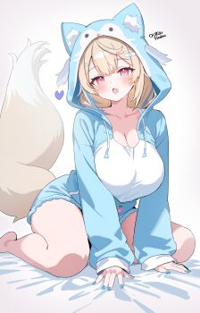 1girl absurdres alternate_costume animal_ears animal_hood arm_support artist_name bandaid bandaid_hair_ornament barefoot bed_sheet blonde_hair blue_nails blue_pajamas blue_streaks blush breasts cleavage collarbone commentary dog_ears dog_girl dog_tail double-parted_bangs drawstring english_commentary fingernails fuwawa_abyssgard hair_ornament hairclip highres hololive hololive_english hood hood_up hooded_pajamas large_breasts long_sleeves looking_at_viewer multicolored_hair o-rindou5100 open_mouth pajamas parallel_hairclips partially_unzipped shirt simple_background sitting solo streaked_hair tail virtual_youtuber white_background white_shirt