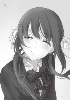 10s 1girl ^_^ closed_eyes female_focus hair_ribbon highres kinoshita_ringo_(no-rin) kippu long_hair monochrome no-rin official_art ribbon school_uniform smile solo