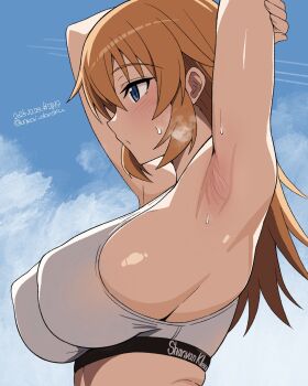 1girl :o absurdres alternate_costume armpits blue_eyes blue_sky blurry breasts charlotte_e._yeager cloud cloudy_sky commentary_request highres large_breasts long_hair orange_hair sky solo sports_bra strike_witches sweat unkai_daraku upper_body world_witches_series