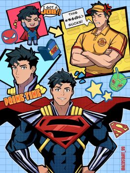 1boy abs black_hair blue_eyes bodysuit cape clark_kent commentary dc_comics english_commentary highres kristian_acosta male_focus multicolored_bodysuit muscular muscular_male pectorals red_cape short_hair superboy-prime superhero_costume superman_(series) superman_logo taut_bodysuit two-tone_bodysuit western_comics_(style)