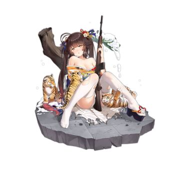 1girl against_tree baby_animal battle_rifle between_legs blue_robe blush breasts brown_hair bullet_hole chinese_zodiac claw_mark cleavage colored_tips feet flower full_body girls&#039;_frontline gun hair_flower hair_ornament hair_ribbon haneru heavy_breathing holding holding_gun holding_weapon japanese_clothes kimono knees_together_feet_apart knees_up legs long_hair looking_at_viewer m14 m14_(girls&#039;_frontline) m14_(tiger_cubs_of_prosperity)_(girls&#039;_frontline) medium_breasts multicolored_hair nail_polish no_shoes official_alternate_costume official_art okobo on_ground open_mouth orange_nails platform_clogs platform_sandals red_hair ribbon rifle robe sandals simple_background single_sandal sitting smile snow snow_on_tree solo thighhighs tiger tiger_cub toes torn_clothes torn_footwear torn_kimono torn_thighhighs transparent_background tree twintails weapon white_thighhighs year_of_the_tiger yellow_eyes