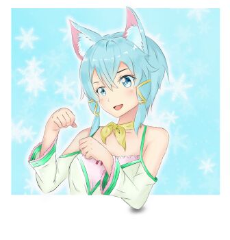 Rule 34 | 1girl, :d, animal ear fluff, animal ears, bare shoulders, blue background, blue eyes, blue hair, blush, border, breasts, cat ears, cat girl, clothing cutout, collarbone, commentary, double-parted bangs, dress, english commentary, fang, frilled sleeves, frills, green trim, hair between eyes, long sleeves, medium hair, open mouth, outline, outside border, paw pose, shoulder cutout, sinon, sinon (sao-alo), skin fang, small breasts, smile, solo, sword art online, tongue, upper body, user gaey7782, white border, white dress, white outline