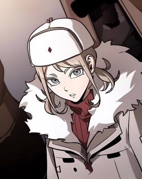 1girl bad_tag blonde_hair coat cold cold_weather expressionless fur_trim grey_eyes hat iris_vladimirovna_rebezova looking_at_viewer outdoors shadowed_background short_hair sidelocks solo source_request turtleneck upper_body ushanka winter_clothes