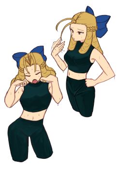 1girl blonde_hair capcom highres kanzuki_karin simple_background street_fighter sweat sweatdrop tagme tikuwabu_33 white_background