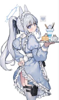 1girl alternate_costume animal_ear_headphones animal_ears apron blue_archive blue_bow blue_dress blue_halo blush bow braid closed_mouth clothes_lift cowboy_shot cup dress dress_lift drinking_glass enmaided fake_animal_ears fake_tail food frilled_apron frilled_dress frills from_side gun hair_bow half_up_braid halo handgun headphones heart highres holding holding_tray holster holstered long_hair long_sleeves looking_at_viewer looking_back maid maid_apron maid_headdress miyako_(blue_archive) pancake pancake_stack parfait parfait_glass ponytail puffy_long_sleeves puffy_sleeves purple_eyes rabbit_ear_headphones rabbit_ears rabbit_tail ranf simple_background solo spoken_heart standing tail thigh_holster thighhighs tray weapon white_apron white_background white_hair white_thighhighs