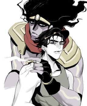 Rule 34 | 2boys, black gloves, black hair, black hat, bullet, cigarette, collarbone, gloves, grey shirt, hat, highres, holding, holding bullet, jojo no kimyou na bouken, kuujou joutarou, looking at viewer, male focus, multiple boys, shirt, simple background, stand (jojo), star platinum, stardust crusaders, tank top, upper body, white background, zu okr