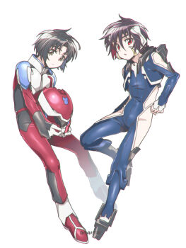 2boys black_hair blue_bodysuit bodysuit brown_eyes commentary_request crossover expressionless full_body gundam gundam_seed gundam_seed_destiny helmet holding holding_unworn_helmet looking_at_viewer makabe_kazuki mecha_pilot_suit multiple_boys nagi_(exsit00) red_bodysuit red_eyes shinn_asuka short_hair simple_background soukyuu_no_fafner synergetic_suit unworn_headwear unworn_helmet white_background