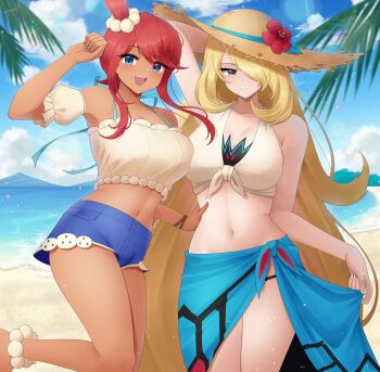 2girls arms_up bare_shoulders beach bikini bikini_under_clothes bikini_bottom_under_shorts blonde_hair blue_eyes blue_sarong blue_shorts blue_sky blush breasts brown_hat closed_mouth cloud collarbone commentary crop_top cynthia_(pokemon) cynthia_(summer_2025)_(pokemon) denim denim_shorts doiparuni english_commentary flower grey_eyes hair_ornament hair_over_one_eye hat hat_flower highres long_hair looking_at_viewer midriff multiple_girls navel nintendo ocean off-shoulder_shirt off_shoulder official_alternate_costume one_side_up open_mouth outdoors palm_leaf palm_tree pokemon pokemon_masters_ex red_hair sarong shirt short_hair_with_long_locks shorts sidelocks sky skyla_(pokemon) skyla_(summer_2025)_(pokemon) smile straw_hat sun_hat swimsuit teeth tied_shirt tree upper_teeth_only very_long_hair water