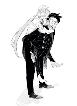 1boy 1girl carrying corbeau_(pokemon) full_body glasses greyscale long_hair monochrome nintendo piggyback pokemon pokemon_legends:_z-a pokemon_sv ponytail rika_(pokemon) round_eyewear shoes simple_background sm_moukon very_long_hair white_background