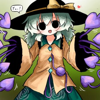 1girl :d black_eyes black_hat blush bow buttons collared_shirt commentary_request diamond_button disembodied_linked_eye empty_eyes eyeball floral_print frilled_shirt_collar frilled_sleeves frills gradient_background green_background green_hair green_skirt hat hat_bow heart heripantomorrow komeiji_koishi long_sleeves looking_at_viewer open_mouth print_skirt rose_print shirt skirt sleeves_past_fingers sleeves_past_wrists smile solo speech_bubble touhou translated wide_sleeves yellow_bow yellow_shirt