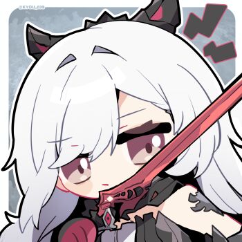 Rule 34 | 1girl, bare shoulders, berenica (duet night abyss), black gloves, chibi, chibi only, chinese commentary, closed mouth, commentary request, duet night abyss, gloves, grey hair, hair intakes, highres, holding, holding sword, holding weapon, kyou 039, long hair, looking at viewer, multicolored gloves, notice lines, red eyes, red gloves, solo, sword, twitter username, two-tone gloves, upper body, weapon