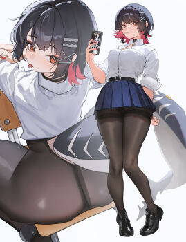 1girl absurdres black_hair black_pantyhose breasts candy colored_inner_hair commentary ellen_joe ellen_joe_(on_campus) fins fish_tail food food_in_mouth highres large_breasts large_tail lollipop lollipop_in_mouth looking_at_viewer multicolored_hair official_alternate_costume pantyhose razor_blade_hair_ornament red_eyes red_hair shark_girl shark_tail shirt short_hair sitting solo tail tongue tongue_out tunamayo_(dsasd751) white_background white_shirt zenless_zone_zero