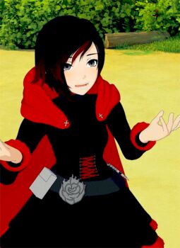 1girl 3d animated animated_gif cape gothic_lolita hood lolita_fashion red_cape ruby_rose rwby