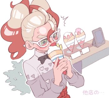 1girl black_bow black_bowtie blonde_hair blush bow bowtie crepe eating food glasses green_eyes griselle_(pokemon) holding holding_crepe holding_food long_hair long_sleeves minashirazu multicolored_hair nintendo pokemon pokemon_legends:_z-a red_hair solo twintails two-tone_hair upper_body white-framed_eyewear