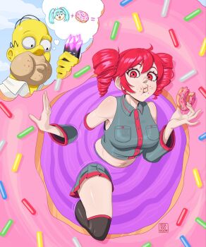 1boy 1girl bald black_boots boots breasts colored_eyelashes colored_skin commentary controller crossover detached_sleeves donut drill_hair eating english_commentary food food_on_face fortnite grey_shirt grey_skirt hatsune_miku highres holding holding_food homer_simpson image_in_thought_bubble kasane_teto kasane_teto_(utau) medium_breasts midriff navel pink_eyes pink_hair pink_trim pleated_skirt portal_(object) remote_control shirt skirt sleeveless sleeveless_shirt speech_bubble sprinkles the_simpsons thigh_boots thighhighs thought_bubble twin_drills utau vocaloid white_shirt wide-eyed yellow_skin yolk_too_yellow zettai_ryouiki