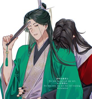 2boys bindi black_eyes black_hair black_hanfu black_nails chinese_clothes chinese_text coat folded_fan folding_fan green_coat hand_fan hand_on_another's_waist hand_up hanfu head_on_another's_shoulder highres holding holding_fan hug hug_from_behind irutaroo long_hair long_sleeves looking_at_another luo_binghe male_focus multiple_boys nail_polish one_eye_closed open_clothes open_coat parted_lips renzha_fanpai_zijiu_xitong ribbon ribboned_xiao_guan robe shen_qingqiu simple_background sweat tassel topknot twitter_username upper_body watermark white_background white_coat white_hanfu white_ribbon wide_sleeves xiao_guan_(headdress) yaoi