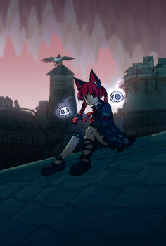 2girls animal_ears arm_cannon bird_wings black_shoes black_wings bow braid cape cat_ears closed_mouth commentary_request doggo_1d34 extra_ears fire flaming_skull floating_skull hair_bow highres kaenbyou_rin long_hair long_sleeves looking_at_viewer multiple_girls on_roof one-hour_drawing_challenge red_eyes red_hair reiuji_utsuho shoes signature sitting skull smile standing touhou twin_braids weapon white_cape wings