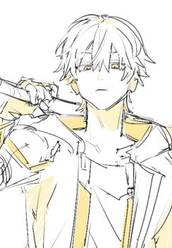 1boy baseball_bat caelus_(honkai:_star_rail) closed_mouth coat collarbone commentary_request edamameko210 fingerless_gloves gloves hair_between_eyes hand_up holding holding_baseball_bat honkai:_star_rail honkai_(series) hood hooded_coat lapels long_sleeves looking_at_viewer male_focus monochrome open_clothes open_coat shirt short_hair solo t-shirt trailblazer_(honkai:_star_rail) two-sided_coat two-sided_fabric upper_body yellow_eyes