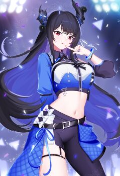 1girl absurdres arm_behind_back asymmetrical_clothes belt black_hair black_pants blue_shirt breasts collared_shirt commentary contrapposto cowboy_shot crop_top demon_horns detached_sleeves felixkohai highres hololive hololive_english horns large_breasts long_hair long_sleeves looking_at_viewer loose_belt midriff navel nerissa_ravencroft pants parted_lips red_eyes shirt single_detached_sleeve single_pantsleg smile solo standing stomach symbol-only_commentary thigh_strap two-tone_shirt very_long_hair virtual_youtuber zipper