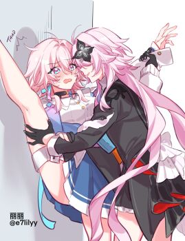 Rule 34 | ..., 2girls, against wall, alkalilyy, artist name, black dress, black gloves, blue dress, blue eyes, blush, buttons, choker, commentary, dress, dual persona, earrings, english commentary, evernight (honkai: star rail), flower, flustered, gloves, hair flower, hair ornament, hand on another's leg, highres, holding another's wrist, honkai: star rail, honkai (series), jewelry, kabedon, leg up, long hair, march 7th (honkai: star rail), march 7th (preservation) (honkai: star rail), medium hair, multicolored eyes, multiple girls, pink eyes, pink hair, ribbon, seductive smile, selfcest, shirt, single earring, skirt, smile, sparkle, spread legs, strap, tearing up, thigh grab, thigh strap, thighs, two-tone eyes, very long hair, yuri