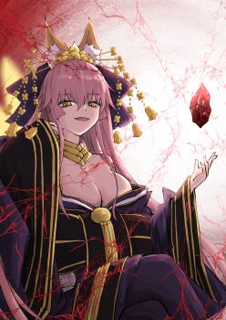 1girl absurdres animal_ear_fluff animal_ears bare_shoulders bell black_sash blue_kimono blue_thighhighs bow breasts cleavage commentary_request fate/grand_order fate_(series) floating floating_object fox_ears fox_girl fox_tail gem glowing_tail gold_collar highres japanese_clothes jewelry kimono large_breasts long_hair looking_at_viewer multiple_tails off_shoulder official_alternate_costume pink_hair ribbon sash solo tail tamamo_no_mae_(fate) tamamo_no_mae_(third_ascension)_(fate) thighhighs very_long_hair wide_sleeves yellow_eyes ystrann