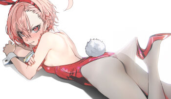 1girl absurdres animal_ear_hairband animal_ears ass back blue_archive blush braid breasts commentary crossed_arms drive_shot earrings fake_animal_ears fake_tail grey_pantyhose hairband high_heels highres hooked_on_heel jewelry lace_pantyhose_hooked_on_heel_(meme) leotard looking_at_viewer looking_to_the_side lying median_furrow meme mole mole_under_eye neru_(blue_archive) neru_(bunny)_(blue_archive) no_halo nose_blush official_alternate_costume on_stomach orange_hair pantyhose playboy_bunny rabbit_ear_hairband rabbit_ears rabbit_tail red_leotard red_shoes shoes short_hair sideboob single_braid sleeves_past_wrists small_breasts solo strapless strapless_leotard stud_earrings tail wrist_cuffs