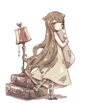 1girl animal_ears argyle_clothes argyle_pantyhose brown_eyes brown_hair cat_ears cat_girl chipie_0114 commentary dress hair_ornament highres hugging_object lamp long_hair looking_at_viewer looking_back no_shoes original pillow pillow_hug sleeveless sleeveless_dress standing suitcase very_long_hair