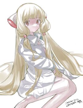 Rule 34 | 1girl, android, bare shoulders, blonde hair, blunt bangs, brown eyes, chii, chobits, collared shirt, expressionless, hair tubes, highres, long hair, long sleeves, looking at viewer, no pants, persocom (chobits), poppy10100, robot ears, shirt, sitting, solo, very long hair, white background, white shirt