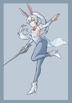 Rule 34 | 1girl, animal ears, ankle boots, bare shoulders, blue background, blue leotard, blue pantyhose, boots, border, bow, bowtie, breasts, commentary, detached collar, detached sleeves, english commentary, fake animal ears, grey border, grey eyes, high heels, highres, holding, holding sword, holding weapon, large breasts, leotard, long hair, looking at viewer, mori kuro pp, pantyhose, playboy bunny, ponytail, rabbit ears, rabbit tail, red bow, red bowtie, rwby, scar, scar across eye, scar on face, showgirl skirt, solo, standing, standing on one leg, sword, tail, weapon, weiss schnee, white boots, white hair