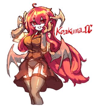 Rule 34 | 1girl, black gloves, black panties, black skirt, black thighhighs, black vest, breasts, clothes lift, commentary, demon wings, fang, garter straps, gloves, hair between eyes, head wings, koakuma, korean commentary, long hair, looking at viewer, mary janes, necktie, open mouth, panties, pointy ears, rampa93, red eyes, red hair, red necktie, red vest, shoes, simple background, skin fang, skirt, skirt lift, skirt set, slit pupils, smile, solo, thighhighs, touhou, underwear, very long hair, vest, white background, wind, wind lift, wings