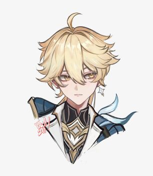 1boy aether_(as_heaven_and_earth_are_made_anew)_(genshin_impact) aether_(genshin_impact) ahoge artist_name black_shirt blonde_hair blue_feathers blush bright_pupils closed_mouth commentary earrings english_commentary feathers genshin_impact gold_trim hair_between_eyes highres jacket jewelry lapels lips long_hair looking_to_the_side low_ponytail male_focus mandarin_collar official_alternate_costume official_alternate_hairstyle open_clothes open_jacket owlzii ponytail shirt simple_background single_earring smile solo star_(symbol) star_earrings upper_body white_background white_jacket white_pupils yellow_eyes