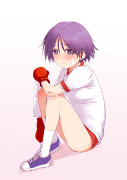 Rule 34 | 1girl, blush, breasts, buruma, commentary request, full body, gloves, gym uniform, highres, looking at viewer, matsubara aoi, purple eyes, purple hair, red buruma, sakaki imasato, short hair, sitting, small breasts, smile, solo, to heart, to heart (series)