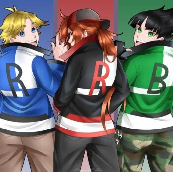 Rule 34 | 3boys, alternate costume, antenna hair, backwards hat, bad link, black hair, black jacket, black pants, blonde hair, blue background, blue eyes, blue jacket, blunt bangs, boomer (ppg), brick (ppg), brown pants, butch (ppg), camouflage, camouflage pants, cappuccino-caffe, from behind, green background, green eyes, green jacket, hat, jacket, long hair, looking at viewer, looking back, male focus, multiple boys, open mouth, orange hair, pants, parted bangs, ponytail, powerpuff girls, red background, red eyes, red hat, rowdyruff boys, side-by-side, spiked hair