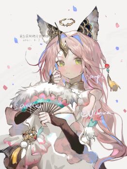 1girl animal_ears black_gloves chinese_commentary cleavage_cutout closed_mouth clothing_cutout commentary_request commission dated dress elbow_gloves fingerless_gloves folding_fan fur_trim gloves green_eyes hair_intakes halo hand_fan highres holding holding_fan horns long_hair mandarin_collar original parted_bangs pink_hair sample_watermark short_sleeves single_horn solo upper_body vihua6 watermark white_dress